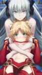  2girls black_bow black_panties blonde_hair blush bow braid breasts detached_sleeves fate/grand_order fate_(series) green_eyes hair_bow highres hug loincloth looking_at_viewer midriff mordred_(fate) morgan_le_fay_(fate) multiple_girls navel panties silver_hair small_breasts tonee under_boob underwear 