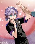  1boy androgynous arm_grab blue_eyes crying epel_felmier funuyu highres looking_at_another nervous pale_skin purple_hair short_ponytail tearing_up twisted_wonderland 