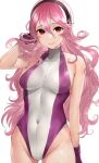  1girl alternate_costume alternate_hair_color arm_up ass_visible_through_thighs bangs bare_shoulders breasts collarbone corrin_(fire_emblem) corrin_(fire_emblem)_(female) covered_navel cowboy_shot eyebrows_visible_through_hair fire_emblem fire_emblem_fates gloves groin hair_between_eyes hair_tucking hairband hand_in_hair haru_(nakajou-28) highleg highleg_leotard large_breasts leotard long_hair looking_at_viewer pink_hair purple_leotard red_eyes sideboob simple_background smile solo standing very_long_hair white_background white_leotard 