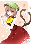 1girl :o animal_ears bent_over bow bowtie brown_eyes brown_hair cat_ears cat_tail chen cowboy_shot fingernails hands_up hat heart heart_tail highres looking_at_viewer mob_cap multiple_tails nekomata ponta_(wwtaimeww) sharp_fingernails short_hair simple_background solo tail touhou two_tails yellow_bow yellow_bowtie 