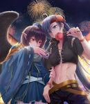  2girls abs absurdres ahoge alexzhang apple bird_wings black_shirt black_shorts black_wings blue_eyes blue_hair blue_headwear blue_shirt blue_skirt breasts candy candy_apple caramel cellphone closed_mouth collarbone crab_hair_ornament eating eyebrows_visible_through_hair feathered_wings festival fireworks food fruit gem hand_on_hip hat headband highres himemushi_momoyo holding holding_candy holding_food holding_phone iizunamaru_megumu jewelry long_hair long_sleeves medium_breasts midriff miniskirt multiple_girls navel open_mouth orange_ribbon panties phone pointy_ears red_eyes ribbon ring shirt short_sleeves shorts shoulder_guard skirt smartphone stomach tengu tokin_hat touhou underwear very_long_hair white_panties wide_sleeves wings yellow_belt yuri 