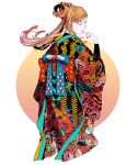  1girl blue_eyes blue_nails bobbbob bow finger_to_mouth from_behind half_updo japanese_clothes kimono long_hair looking_back nail_polish orange_hair original print_kimono solo undershirt 
