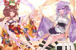  2girls animal_ears cat_ears cat_girl cat_tail highres hololive inugami_korone japanese_clothes kimono multiple_girls nekomata_okayu purple_hair short_hair symmetry tail violet_eyes virtual_youtuber waterring 