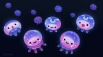  ._. animal animal_focus artist_name black_background black_eyes closed_eyes closed_mouth jellyfish no_humans one_eye_closed open_mouth original pikaole simple_background smile spots too_many 
