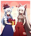  ! 2girls bangs blue_dress blue_hair blue_headwear border bow bright_pupils brown_shirt closed_eyes collared_dress collared_shirt dress eyebrows_visible_through_hair fujiwara_no_mokou gift hair_bow hands_in_pockets heart highres holding holding_gift hoshii_1213 kamishirasawa_keine long_hair looking_at_another multicolored_hair multiple_girls navel ofuda ofuda_on_clothes outline pants puffy_short_sleeves puffy_sleeves red_eyes red_pants shirt short_sleeves smile spoken_exclamation_mark spoken_heart standing suspenders torn_clothes torn_sleeves touhou two-tone_hair very_long_hair white_border white_hair white_outline white_pupils 