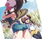  2girls ass baseball_cap black_legwear black_vest blue_eyes blue_shirt blue_shorts blue_sky breasts brown_hair commentary cowboy_shot day denim denim_shorts double_bun hair_between_eyes hat hat_over_one_eye highres hilda_(pokemon) holding holding_poke_ball light_particles long_hair looking_at_viewer medium_breasts midriff_peek miniskirt multiple_girls open_mouth outdoors pantyhose poke_ball poke_ball_(basic) poke_ball_print pokemon pokemon_(game) pokemon_bw pokemon_bw2 ponytail raglan_sleeves rosa_(pokemon) shirt short_shorts shorts shuri_(84k) skirt sky sleeveless sleeveless_shirt sparkle standing sweatband thighs torn_clothes torn_shorts tree twintails twisted_torso two-tone_shirt v-shaped_eyebrows vest visor_cap white_headwear white_shirt wristband yellow_skirt 