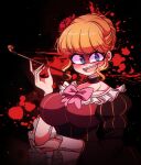  1girl bangs beatrice_(umineko) blonde_hair blood blue_eyes blunt_bangs blush breasts collarbone evil_smile eyebrows_visible_through_hair fangs highres large_breasts littlecloudie long_sleeves looking_at_viewer open_mouth short_hair smile solo teeth umineko_no_naku_koro_ni upper_body upper_teeth 