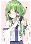  1girl absurdres bangs bare_shoulders blush border breasts collared_shirt curling_iron detached_sleeves eyebrows_visible_through_hair eyes_visible_through_hair frog_hair_ornament green_eyes green_hair grey_skirt hair_ornament hair_tubes hands_up highres kochiya_sanae long_hair long_sleeves looking_to_the_side medium_breasts open_mouth pink_background shirt simple_background skirt snake_hair_ornament solo standing stigma1101 touhou white_border white_shirt wide_sleeves 