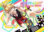  1boy adapted_costume adjusting_eyewear belt bespectacled blonde_hair blue_eyes boots brown_belt brown_footwear cross-laced_footwear glasses honeyworks kagamine_len knee_boots looking_at_viewer male_focus open_mouth outstretched_arm patterned_background plaid plaid_shorts red-framed_eyewear setsuna_trip_(vocaloid) short_ponytail shorts smile solo_focus song_name sweater_vest vocaloid yamako_(state_of_children) 
