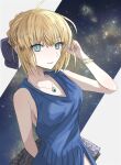  1girl ahoge alternate_costume anklet arm_at_side artoria_pendragon_(all) bare_shoulders black_gloves blonde_hair blue_dress blue_eyes braid dress elbow_gloves eyebrows_visible_through_hair fate/extella fate/grand_order fate/stay_night fate_(series) full_body gloves hair_between_eyes hair_ribbon halter_top halterneck high_heels highres jewelry looking_at_viewer ribbon saber short_hair simple_background solo takoyaki_24166 