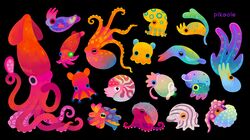  animal animal_focus artist_name black_background blue_eyes cuttlefish green_eyes heterochromia no_humans octopus orange_eyes original pikaole pink_eyes red_eyes shell simple_background spots squid tentacles 