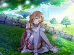  1girl armor asuna_(sao) bangs braid breastplate brown_eyes brown_hair closed_mouth crossed_arms day detached_sleeves feet_out_of_frame french_braid game_cg head_tilt long_hair long_sleeves miniskirt outdoors pleated_skirt red_skirt shiny shiny_hair sitting skirt smile solo sword_art_online sword_art_online:_alicization_rising_steel thigh-highs very_long_hair waist_cape white_legwear white_sleeves zettai_ryouiki 