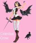  1girl bird boots breasts crow english_text leather leather_boots nun original pink_background rapier sideboob sword thigh-highs weapon zettai_ryouiki 