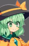  1girl black_headwear blush bow closed_mouth eyebrows_visible_through_hair green_eyes green_hair hat hat_bow hat_ribbon komeiji_koishi looking_at_viewer migel_futoshi pixel_art ribbon short_hair smile solo touhou upper_body yellow_bow yellow_ribbon 