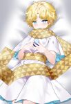  1boy baggy_clothes blonde_hair blue_eyes blush fate/grand_order fate_(series) fingers_together highres jjw1029 looking_at_viewer male_focus messy_hair scarf solo voyager_(fate) yellow_scarf 