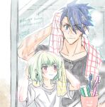  2boys absurdres androgynous blue_eyes blue_hair blush casual drying drying_hair galo_thymos green_hair height_difference highres kisekisaki lio_fotia mirror multiple_boys promare shirt sidecut spiky_hair t-shirt toothbrush toothpaste towel towel_on_head violet_eyes wet wet_hair 