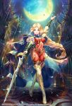  1girl bangs blonde_hair blue_cloak bodysuit boots braid breasts castle cherry_blossoms cloak crescent highres holding holding_sword holding_weapon jewelry long_hair medium_breasts moon nemusuke official_art parted_bangs protagonist_(romancing_saga_2) red_bodysuit romancing_saga_2 romancing_saga_re;universe saga square_enix sun_(ornament) sword the_final_empress thigh-highs thigh_boots thighs weapon 