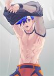  1boy abs absurdres arms_up blue_hair clothes_lift detached_sleeves firefighter galo_thymos groin highres male_focus mogloh1310 no_nipples pectorals puffy_pants shirt_lift single_detached_sleeve solo spiky_hair topless_male undressing wristband 