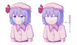  1girl bangs closed_mouth collared_shirt cookie_(touhou) crying crying_with_eyes_open expressionless eyebrows_visible_through_hair hat hat_ribbon hisaka_(cookie) hita_(hizokuseikogeki) mob_cap multiple_views pink_headwear pink_shirt purple_hair red_ribbon remilia_scarlet ribbon shirt short_hair simple_background streaming_tears tears touhou translation_request upper_body v-shaped_eyebrows violet_eyes white_background 