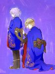  2boys androgynous annoyed blonde_hair boots bow closed_eyes crossed_arms crown epel_felmier funuyu highres looking_away multiple_boys pale_skin purple_hair ribbon robe scolding twisted_wonderland vil_schoenheit violet_eyes 