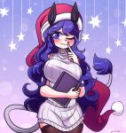  1girl :3 animal_ears black_legwear blue_eyes blue_hair blush book closed_mouth doremy_sweet eyebrows_visible_through_hair finger_to_mouth grey_sweater highres holding holding_book littlecloudie long_hair looking_at_viewer pantyhose red_headwear ribbed_sweater sleeveless sleeveless_sweater smile solo sweater tail touhou turtleneck turtleneck_sweater 
