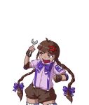  1girl ahoge anger_vein bangs blunt_bangs bow bowtie braid brown_hair brown_shorts collared_shirt commentary_request cowboy_shot david_hrusa hair_bow long_hair open_mouth pink_shirt purple_bow purple_bowtie rika_(touhou) shirt shorts simple_background suspenders teeth too_many tools touhou touhou_(pc-98) twin_braids upper_teeth violet_eyes white_background wrench 
