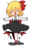  1girl black_dress blonde_hair closed_eyes collared_shirt cross dress fang hair_ribbon highres latin_cross op_na_yarou open_mouth outstretched_arms red_neckwear red_ribbon ribbon rumia sash shirt short_hair simple_background solo spread_arms touhou white_background white_shirt 
