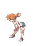  1girl :d bandeau bangs bent_over blue_eyes blue_footwear blue_shirt denim denim_shorts full_body grey_shorts hands_on_own_knees highres misty_(pokemon) mizutani_megumi multicolored_footwear official_art open_mouth orange_bandeau orange_hair pokemon pokemon_(game) pokemon_lgpe red_footwear shirt shoes short_hair shorts side_ponytail smile sneakers solo spiky_hair tied_hair tongue two-tone_shirt white_footwear white_shirt 