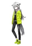  1girl absurdres animal_ear_fluff animal_ears arknights bangs black_pants black_shirt blue_eyes chihuri closed_mouth eyebrows_visible_through_hair full_body green_footwear green_jacket grey_hair hair_between_eyes hair_ornament hairclip hands_in_pockets highres jacket long_hair open_clothes open_jacket pants scar scar_across_eye shirt shoes simple_background smile solo standing tail texas_(arknights) very_long_hair white_background 