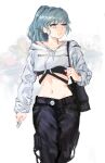  1girl absurdres alternate_costume alternate_hairstyle bag bangs black_pants black_shirt blue_eyes blue_hair byleth_(fire_emblem) byleth_eisner_(female) casual commentary_request contemporary cowboy_shot crop_top cropped_hoodie drawstring fire_emblem fire_emblem:_three_houses handbag highres holding hood hoodie long_hair looking_to_the_side midriff navel paiiart pants parted_lips ponytail shirt solo standing stomach white_background white_hoodie 