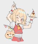  1girl ;q anger_vein animal arms_up ascot bangs blonde_hair cherry cropped_torso crystal flandre_scarlet food fruit gotoh510 grey_background heart holding looking_at_viewer medium_hair no_hat no_headwear one_eye_closed one_side_up plate pudding red_eyes red_skirt red_vest shirt short_sleeves simple_background skirt smile solo tongue tongue_out touhou upper_body vest white_shirt wings wrist_cuffs yellow_ascot 