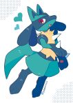  commentary full_body heart highres kotone11152 looking_at_viewer lucario open_mouth pokemon pokemon_(creature) red_eyes solo spikes tongue twitter_username yellow_fur 