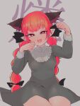  1girl 333kyanako animal_ears black_bow bow braid cat_ears character_name clenched_hands dress extra_ears fangs green_dress grey_background highres kaenbyou_rin long_hair open_mouth paw_pose pointy_ears red_eyes redhead seiza sitting smile solo touhou twin_braids 