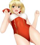  1girl absurdres ahoge barefoot blonde_hair braid breasts collarbone commentary_request fate/extra fate/grand_order fate_(series) green_eyes hair_bun highres large_breasts long_hair looking_at_viewer nero_claudius_(fate) nero_claudius_(fate)_(all) red_ribbon red_swimsuit ribbon simple_background sitting smile solo swimsuit white_background yadogenmix 