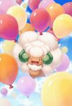  :d balloon clouds commentary_request day floating holding holding_string kuromaru_(vxyn7345) looking_at_viewer no_humans open_mouth orange_eyes outdoors pokemon pokemon_(creature) sky smile solo string tongue whimsicott 