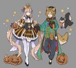  1boy 1girl alternate_costume animal_ears bead_necklace beads blue_eyes blue_hair brown_hair chinese_clothes closed_mouth crossed_legs crown dress frilled_dress frills genshin_impact gorou_(genshin_impact) grey_background hair_ribbon halloween halloween_bucket halloween_costume highres holding jack-o&#039;-lantern jewelry long_hair long_sleeves multicolored_hair necklace ofuda open_mouth papajay_(jennygin2) purple_legwear ribbon sangonomiya_kokomi simple_background sleeves_past_fingers sleeves_past_wrists star_(symbol) symbol-only_commentary tail thigh-highs very_long_hair violet_eyes watson_cross white_hair 