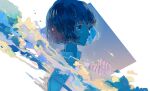  1girl absurdres blue_background blue_theme bob_cut closed_mouth clouds collared_shirt commentary earphones earphones eyebrows_visible_through_hair hagimorijia hands_up highres original shirt short_hair solo surreal symbol-only_commentary upper_body white_background 