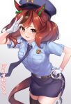  1girl :d absurdres belt black_legwear blue_neckwear blue_shirt blue_skirt bow breasts brown_eyes brown_hair cowboy_shot cuffs gloves green_bow hair_bow handcuffs hat highres horse_tail medium_hair multicolored_hair necktie nice_nature_(umamusume) pizza_(artist) police police_hat police_uniform policewoman salute shirt short_sleeves side_slit skirt smile solo tail thigh-highs thighs translated twintails two-tone_hair umamusume uniform white_background white_gloves 