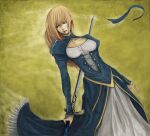 1girl ahoge artoria_pendragon_(all) blonde_hair blue_ribbon breasts cleavage_cutout clothing_cutout fate/grand_order fate/stay_night fate_(series) green_eyes hair_bun hair_ribbon holding holding_weapon juliet_sleeves long_sleeves medium_breasts puffy_sleeves ribbon rip0401 saber solo sword weapon