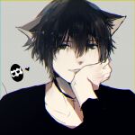  1boy animal_ears black_eyes black_hair black_shirt cat_ears choker chromatic_aberration closed_mouth commentary_request cross cross_choker grey_background hagimorijia heart highres light_smile long_sleeves looking_at_viewer male_focus original shirt short_hair simple_background solo upper_body 