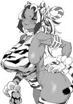  1girl animal_hands animal_print breasts dark-skinned_female dark_skin fang hand_on_hip large_breasts long_hair mole mole_under_eye monochrome multicolored_hair muscular muscular_female obmas_(pfeito) original ponytail short_eyebrows sideboob sketch solo swimsuit tail thigh-highs tiger_print tiger_tail white_background 