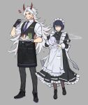  1boy 1girl alternate_costume apron arataki_itto black_dress black_hair black_legwear black_vest breasts cup dress facepaint frilled_apron frilled_dress frills full_body genshin_impact gloves grey_background highres holding horns kujou_sara long_hair long_sleeves maid_headdress multicolored_hair necktie pants papajay_(jennygin2) pointy_ears pouring purple_necktie red_eyes redhead shirt short_hair simple_background standing symbol-only_commentary teacup teapot tray vest white_apron white_shirt yellow_eyes 