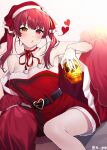  14_(vision5032) 1girl bangs belt bow breasts choker christmas cup gloves hair_ribbon half_gloves hat heart heart_belt heterochromia highres holding holding_cup hololive houshou_marine knee_up large_breasts o3o pillow pom_pom_(clothes) red_choker red_eyes redhead ribbon ribbon_choker santa_costume santa_hat sitting skull skull_cup solo thighs twintails virtual_youtuber whistling yellow_eyes 