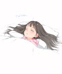  1girl bangs black_hair blush closed_eyes commentary_request gomennasai hood hood_down hooded_jacket jacket long_hair lying on_back original parted_lips pillow pink_jacket sleeping solo striped striped_jacket translation_request under_covers white_background 