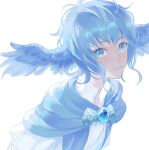  1girl blue_capelet blue_eyes blue_hair brooch capelet en_(enxxx) feathered_wings final_fantasy final_fantasy_xiv from_above gem head_wings jewelry light_smile looking_to_the_side meteion shirt short_hair simple_background solo upper_body white_background white_shirt wings 