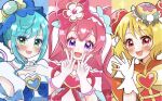  3girls :d absurdres apron blonde_hair blue_bow blue_eyes blue_hair bow bun_cover character_name chestnut_mouth choker column_lineup copyright_name cure_precious cure_spicy cure_yum-yum delicious_party_precure detached_collar double_bun earrings flower fuwa_kokone gloves hair_flower hair_ornament hanamichi_ran hat hat_bow heart_brooch highres jewelry long_hair looking_at_viewer magical_girl mini_hat multiple_girls nagomi_yui open_mouth pink_bow pink_choker pink_hair precure purple_eyes red_eyes short_hair smile umiyuki_(umi_chu) upper_body 