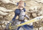  1girl ahoge artoria_pendragon_(all) blonde_hair blue_ribbon breasts cleavage_cutout clothing_cutout fate/grand_order fate/stay_night fate_(series) green_eyes hair_bun hair_ribbon holding holding_weapon juliet_sleeves long_sleeves medium_breasts puffy_sleeves ribbon rip0401 saber solo sword weapon 