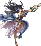  1girl bangs bare_shoulders black_eyes black_hair breasts dress fire_emblem fire_emblem:_the_blazing_blade fire_emblem_heroes full_body gold_trim hair_ornament highres holding holding_weapon karla_(fire_emblem) kita_senri loincloth long_hair medium_breasts non-web_source official_art pantyhose polearm short_sleeves spear strapless strapless_dress toeless_footwear toes weapon wide_sleeves 