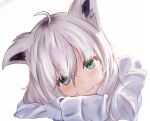  1girl ahoge animal_ear_fluff animal_ears bangs blush commentary_request ears_down eyebrows_visible_through_hair fox_ears fox_girl green_eyes hair_between_eyes head_rest hololive looking_at_viewer lying on_stomach shirakami_fubuki sidelocks simple_background smile solo uechin_ewokaku white_background white_hair 