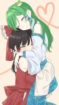  &gt;_&lt; 2girls absurdres bare_shoulders black_hair blush bow carrying carrying_person closed_eyes commentary detached_sleeves expressive_clothes frog_hair_ornament green_hair hair_bow hair_ornament hair_tubes hakurei_reimu heart heart_of_string highres hug kochiya_sanae long_sleeves multiple_girls smile snake_hair_ornament tan_background touhou tunokiti wide_sleeves yuri 